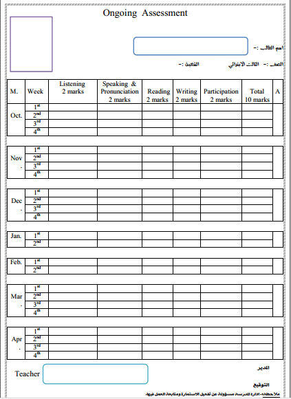 استمارة تقيم تلاميذ الثالث الابتدائي لمادة اللغة الانكليزية 2016 English For Iraq منتديات درر العراق