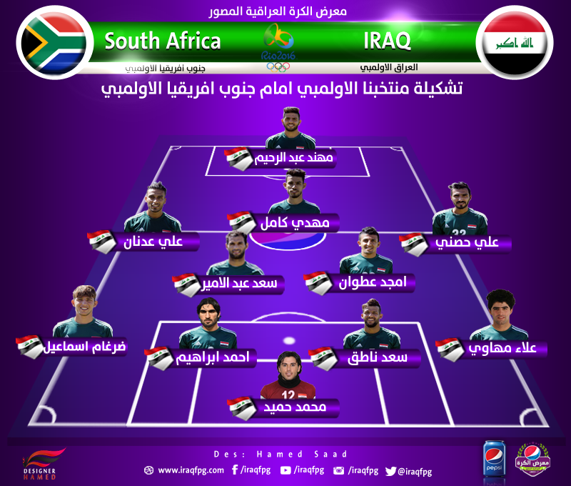 تشكيلة منتخب العراق الاولمبي ضد جنوب افريقيا 11-8-2016 ريو ...